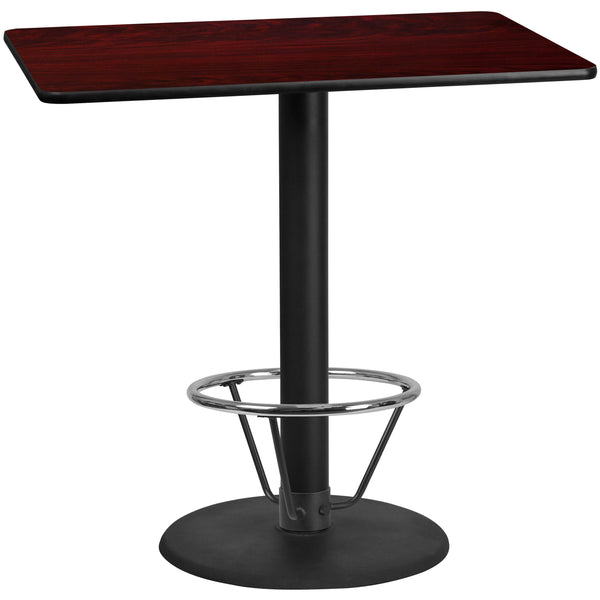 Mahogany |#| 30inch x 48inch Mahogany Laminate Table Top & 24inch Round Bar Height Base with Foot Ring