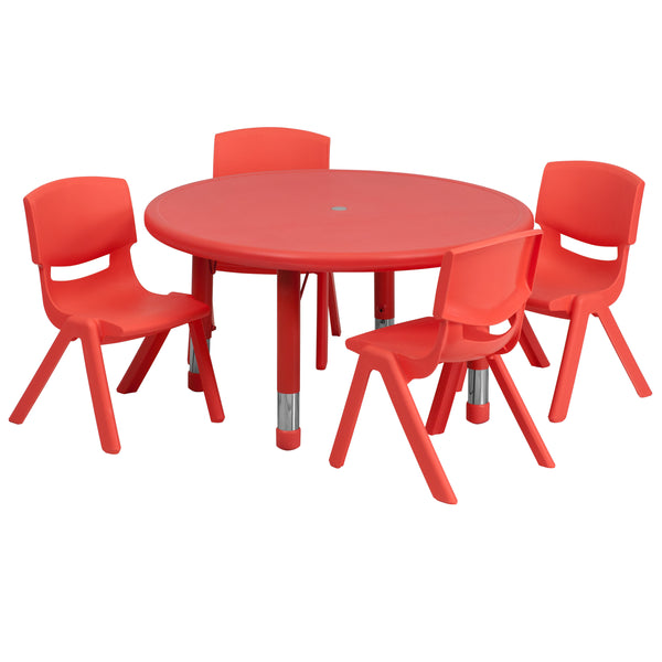 Red |#| 33inch Round Red Plastic Height Adjustable Activity Table Set with 4 Chairs