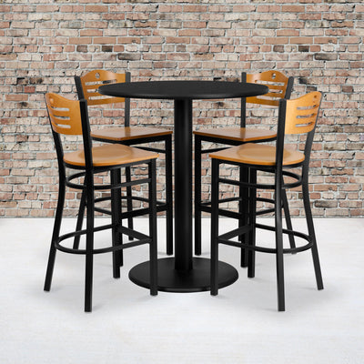 36'' Round Laminate Table Set with 4 Wood Slat Back Metal Barstools