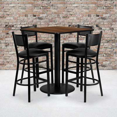 36'' Square Laminate Table Set with 4 Grid Back Metal Barstools