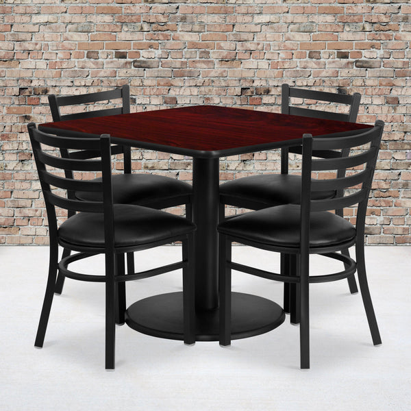 Mahogany Top/Black Vinyl Seat |#| 36inch SQ Mahogany Laminate Table w/ Round Base & 4 Metal Chairs-Black Vinyl Seat