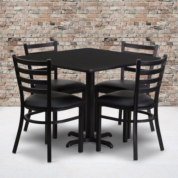 Black Top/Black Vinyl Seat |#| 36inch Square Black Laminate Table with X-Base & 4 Metal Chairs - Black Vinyl Seat