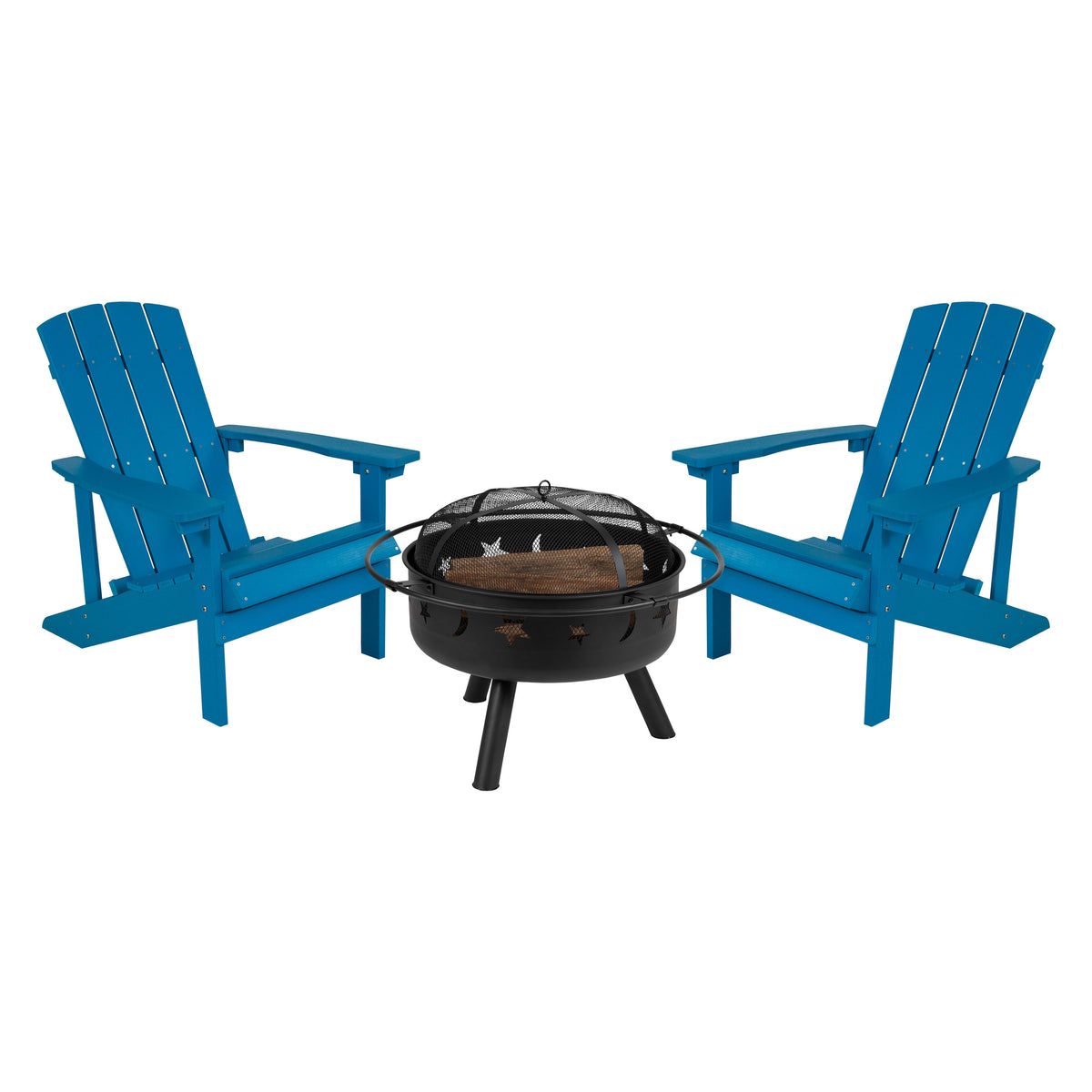 Blue |#| Star and Moon Fire Pit with Mesh Cover & 2 Blue Poly Resin Adirondack Chairs