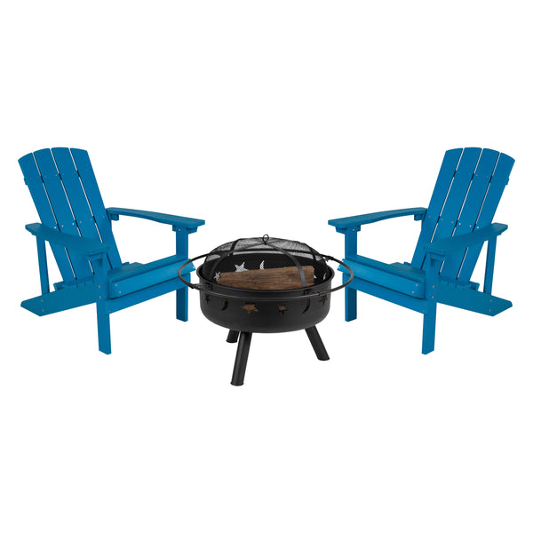 Blue |#| Star and Moon Fire Pit with Mesh Cover & 2 Blue Poly Resin Adirondack Chairs