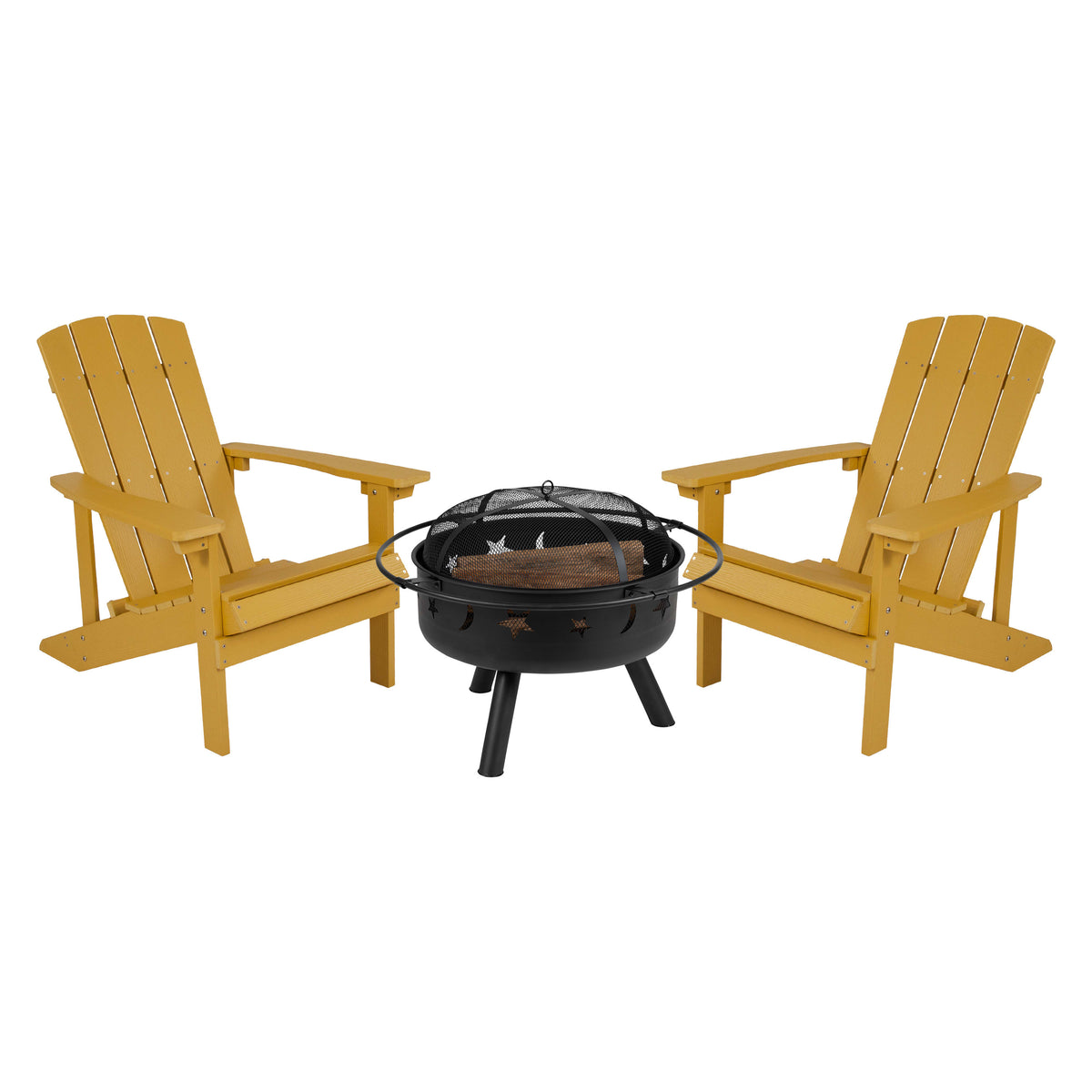 Yellow |#| Star and Moon Fire Pit with Mesh Cover & 2 Yellow Poly Resin Adirondack Chairs