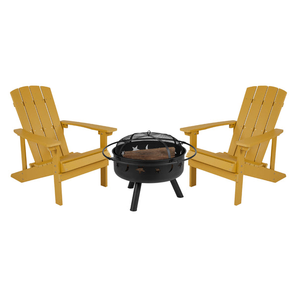 Yellow |#| Star and Moon Fire Pit with Mesh Cover & 2 Yellow Poly Resin Adirondack Chairs