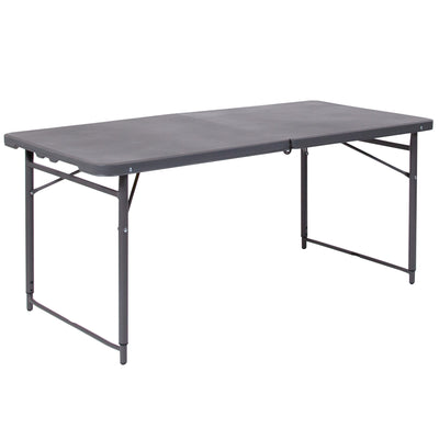 4-Foot Height Adjustable Bi-Fold Dark Gray Plastic Folding Table with Carrying Handle - View 1
