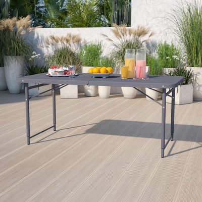 4-Foot Height Adjustable Bi-Fold Dark Gray Plastic Folding Table with Carrying Handle - View 2