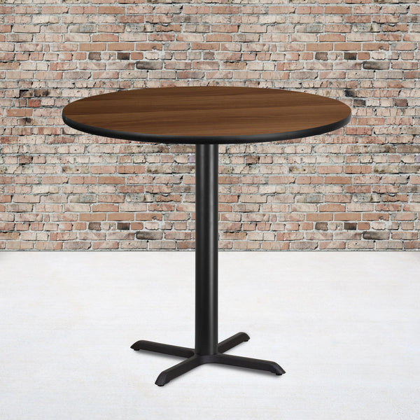 Walnut |#| 42inch Round Walnut Laminate Table Top with 33inch x 33inch Bar Height Table Base