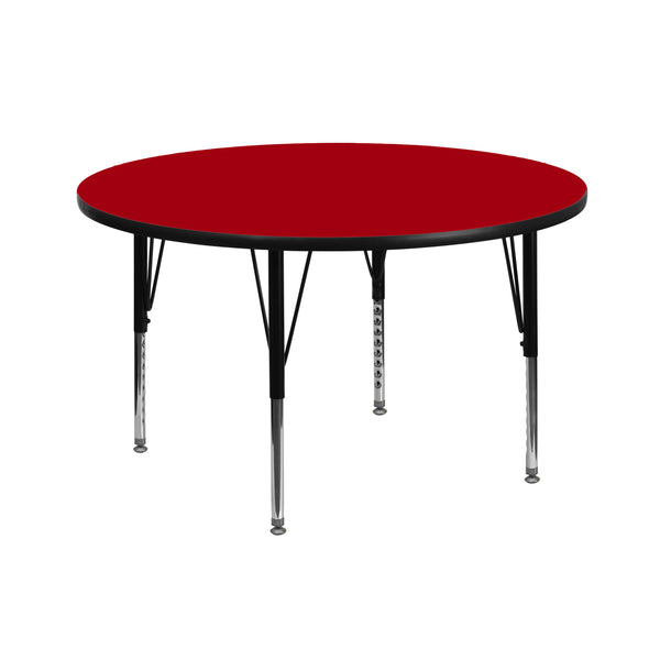 Red |#| 42inch Round Red Thermal Laminate Activity Table - Height Adjustable Short Legs