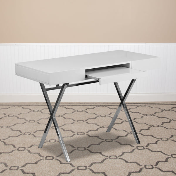 44.25inchW x 21.625inchD White Computer Desk with Keyboard Tray and Drawers