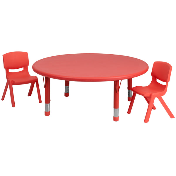 Red |#| 45inch Round Red Plastic Height Adjustable Activity Table Set with 2 Chairs