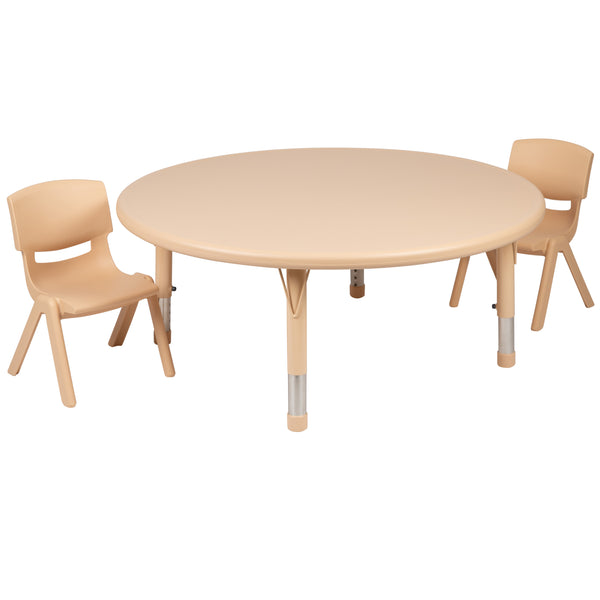 Natural |#| 45inch Round Natural Plastic Height Adjustable Activity Table Set with 2 Chairs