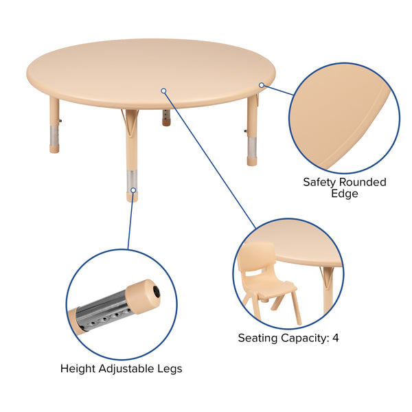 Natural |#| 45inch Round Natural Plastic Height Adjustable Activity Table Set with 2 Chairs