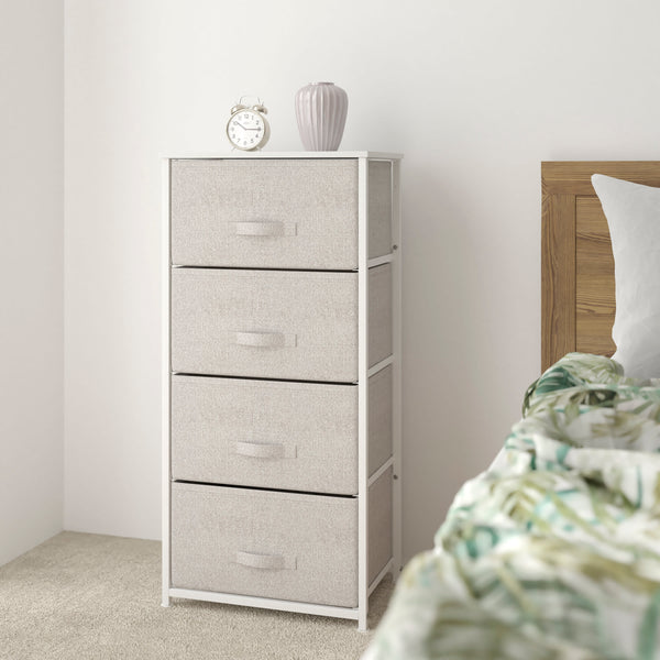 Gray Drawers/White Frame |#| 4 Drawer Vertical Storage Dresser with White Wood Top & Gray Fabric Pull Drawers