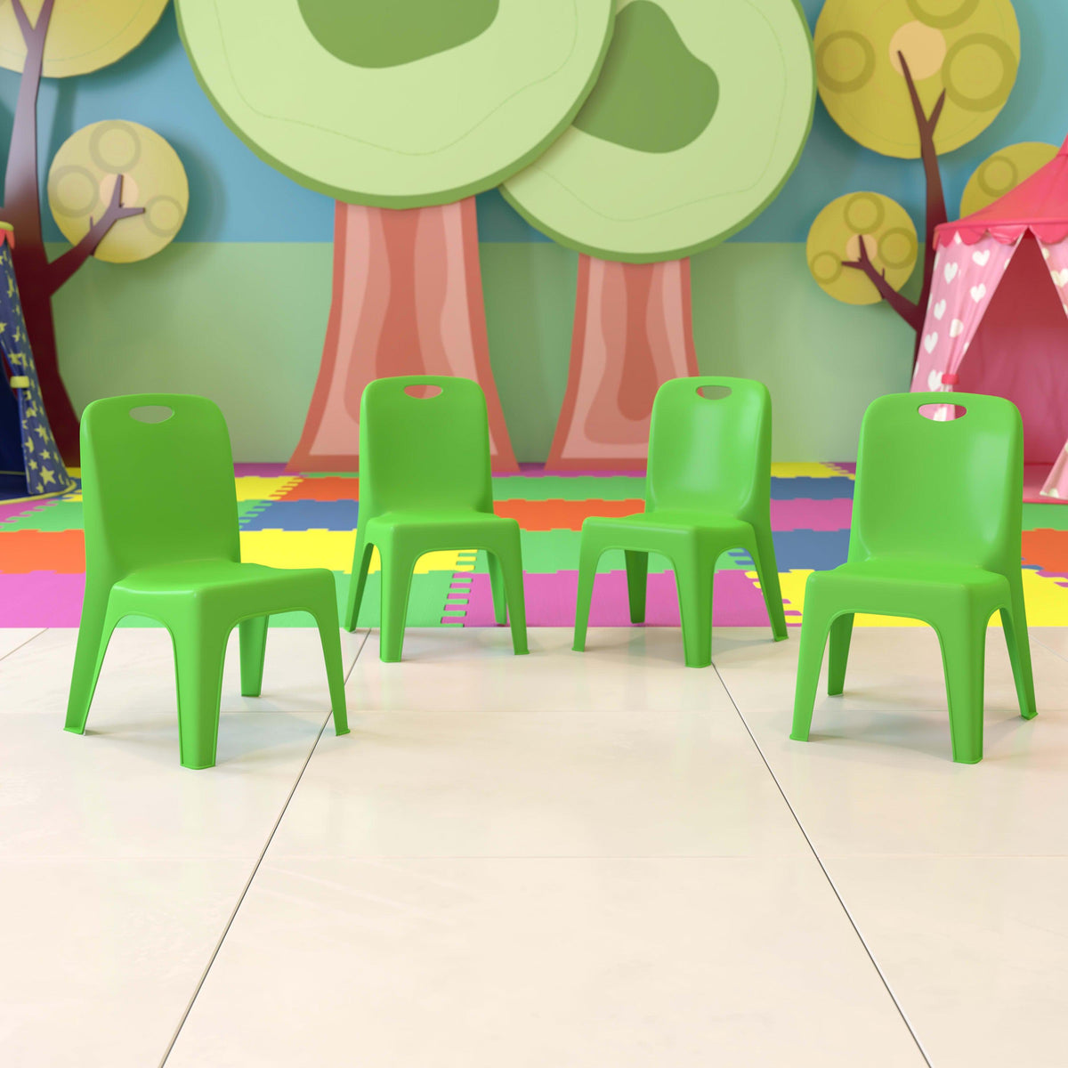 Green |#| 4 Pack Green Plastic Stack School Chair with Carrying Handle and 11inch Seat Height