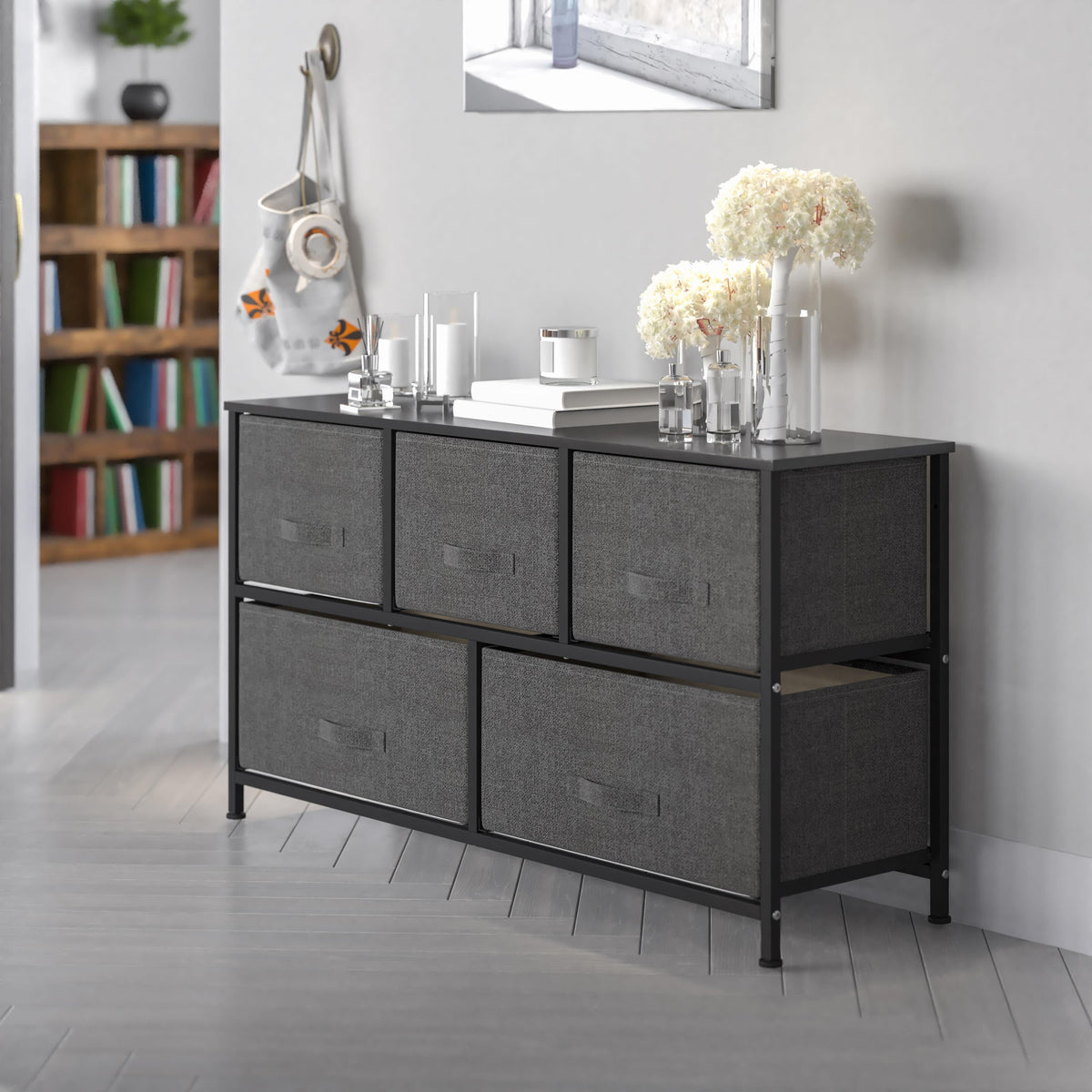 Gray Drawers/Black Frame |#| 5 Drawer Storage Chest with Black Wood Top & Dark Gray Fabric Pull Drawers