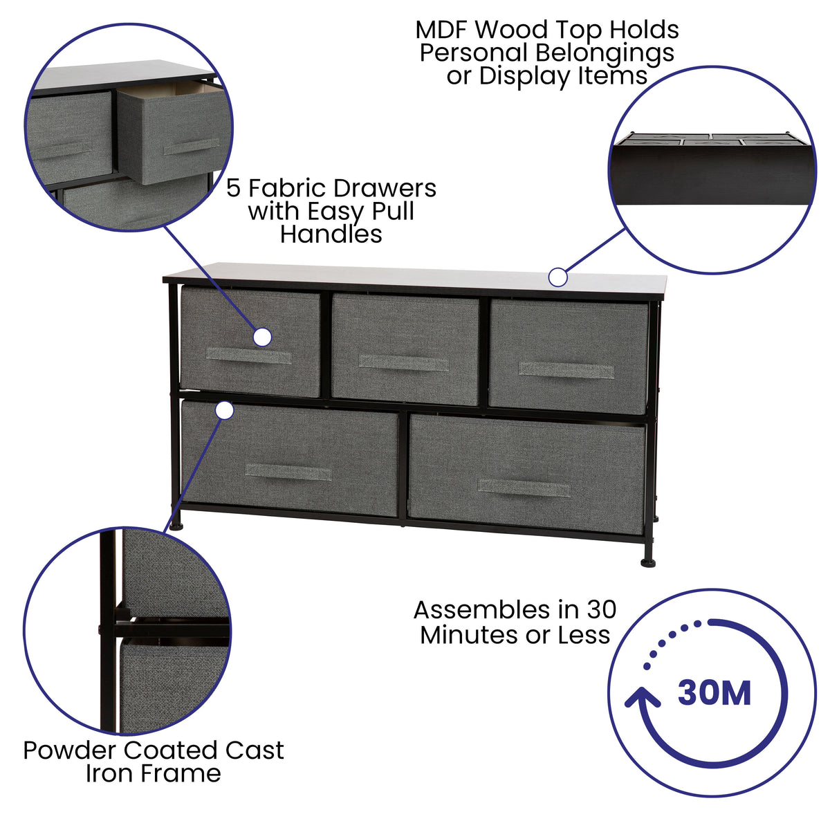 Gray Drawers/Black Frame |#| 5 Drawer Storage Chest with Black Wood Top & Dark Gray Fabric Pull Drawers