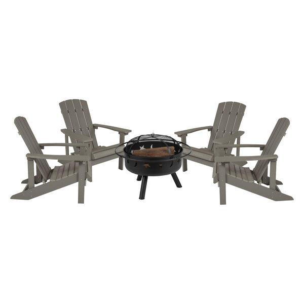 Light Gray |#| Star and Moon Fire Pit with Mesh Cover & 4 Lt. Gray Poly Resin Adirondack Chairs