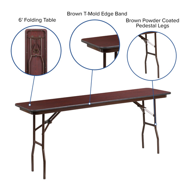 6-Foot Mahogany Melamine Laminate Folding Training/Seminar Table - Event Table