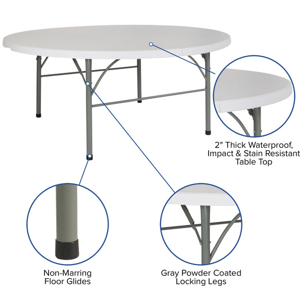 6-Foot Round Bi-Fold Granite White Plastic Event Folding Table with Handle