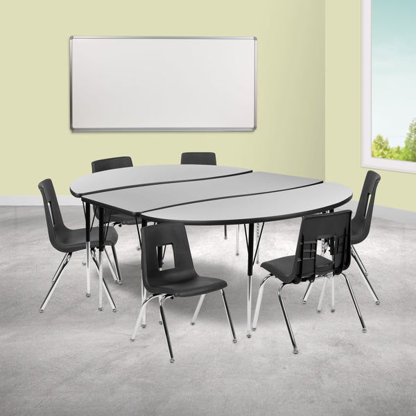 Grey |#| 86inch Oval Wave Activity Table Set with 16inch Student Stack Chairs, Grey/Black