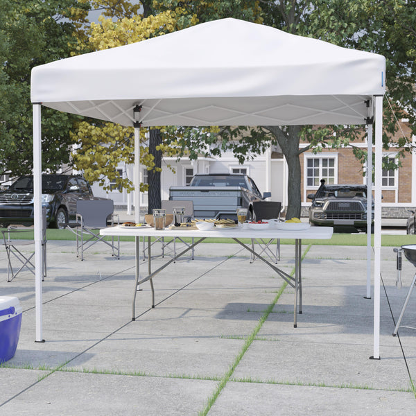 White |#| 8' x 8' White Pop Up Canopy Tent and 6 Ft. Bi-Fold Table with Carrying Handle