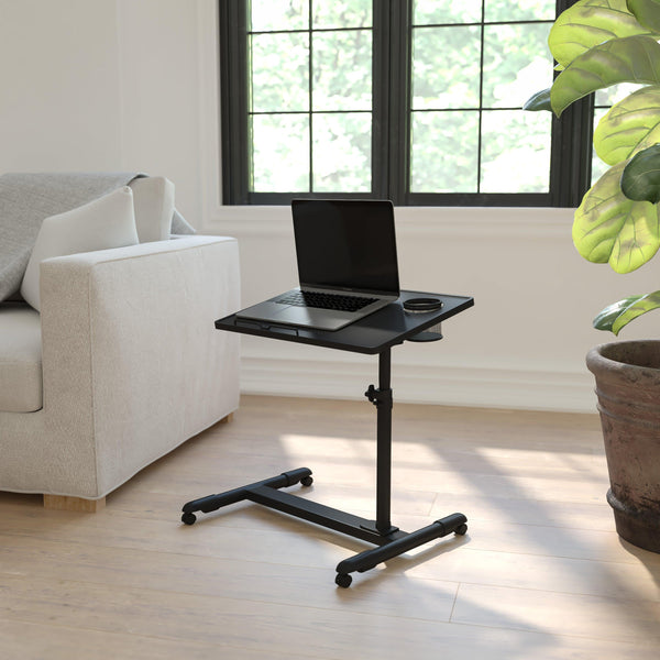 Black |#| Black Adjustable Height Steel Mobile Tilt Top Computer Desk w/ Top & Bottom Lip