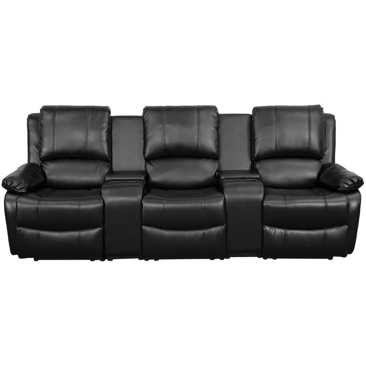 Black |#| 3-Seat Reclining Pillow Back Black LeatherSoft Theater Seating Unit-Cup Holders
