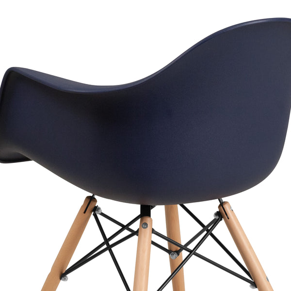 Navy |#| Navy Plastic Chair with Arms and Wooden Legs - Accent & Side Chair