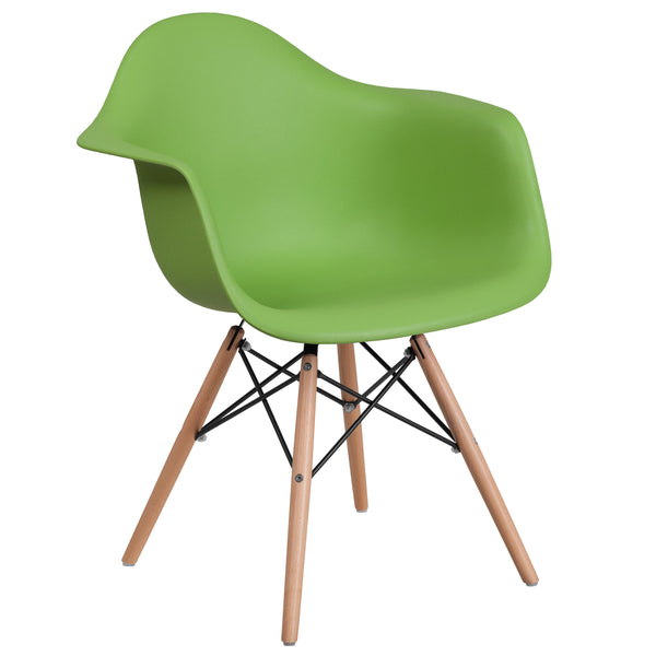 Green |#| Green Plastic Chair with Arms and Wooden Legs - Accent & Side Chair