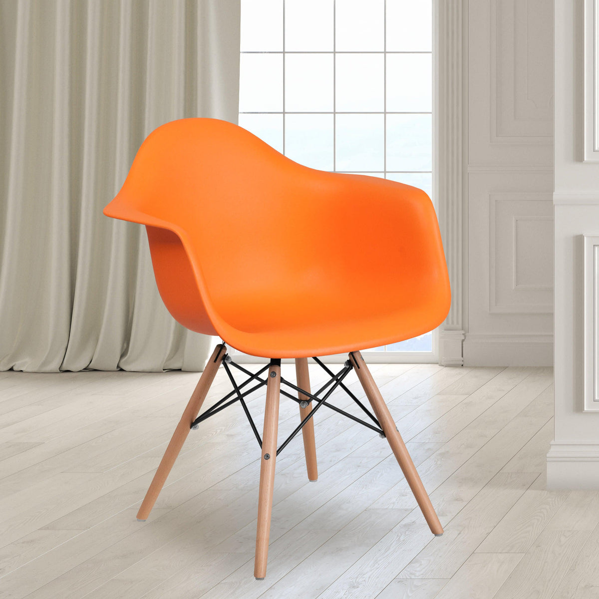 Orange |#| Orange Plastic Chair with Arms and Wooden Legs - Accent & Side Chair