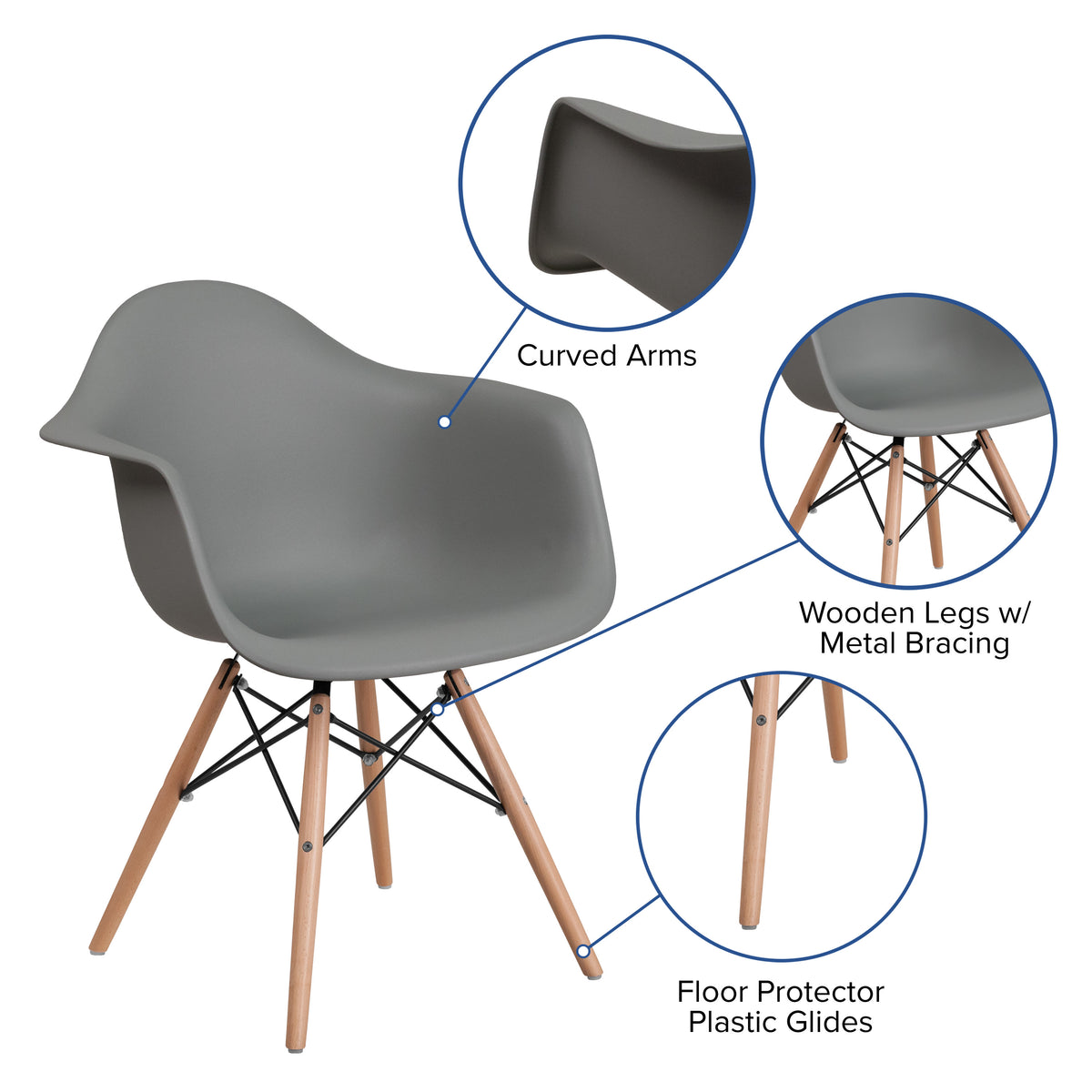 Moss Gray |#| Moss Gray Plastic Chair with Arms and Wooden Legs - Accent & Side Chair