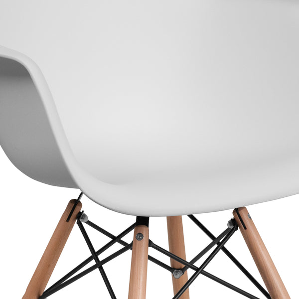 White |#| White Plastic Chair with Arms and Wooden Legs - Accent & Side Chair