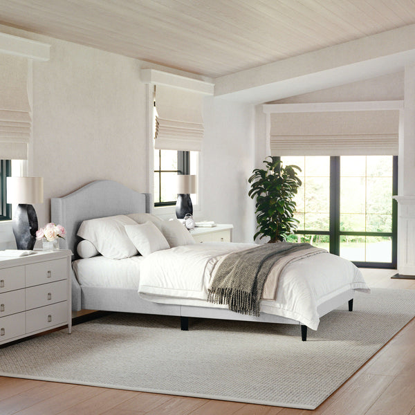 Gray Fabric/Black Legs,Full |#| Faux Linen Upholstered Full Size Platform Bed with Curved Headboard in Gray