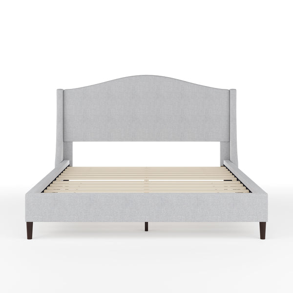 Gray Fabric/Black Legs,Queen |#| Faux Linen Upholstered Queen Size Platform Bed with Curved Headboard in Gray