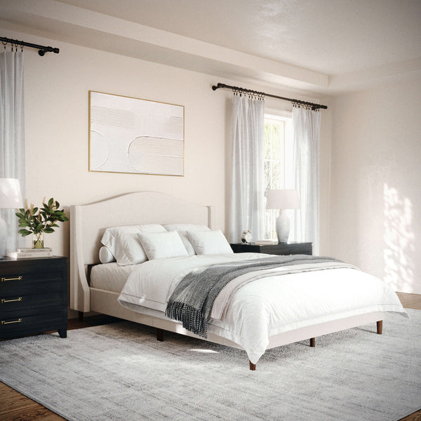 Beige Fabric/Walnut Legs,Full |#| Faux Linen Upholstered Full Size Platform Bed with Curved Headboard in Beige
