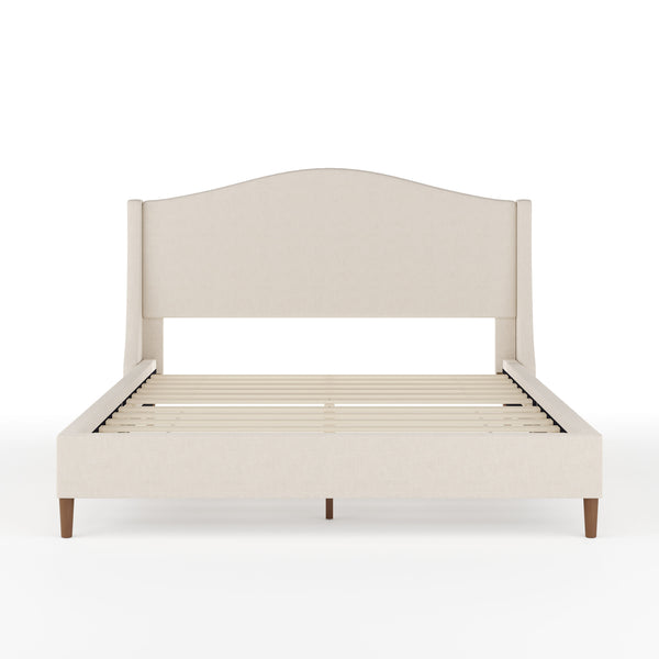 Beige Fabric/Walnut Legs,Queen |#| Faux Linen Upholstered Queen Size Platform Bed with Curved Headboard in Beige