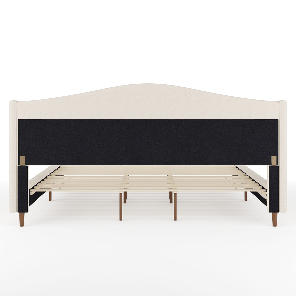 Beige Fabric/Walnut Legs,King |#| Faux Linen Upholstered King Size Platform Bed with Curved Headboard in Beige