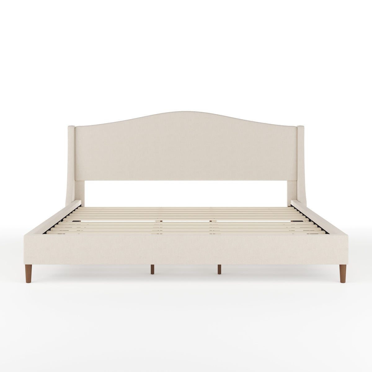 Beige Fabric/Walnut Legs,King |#| Faux Linen Upholstered King Size Platform Bed with Curved Headboard in Beige