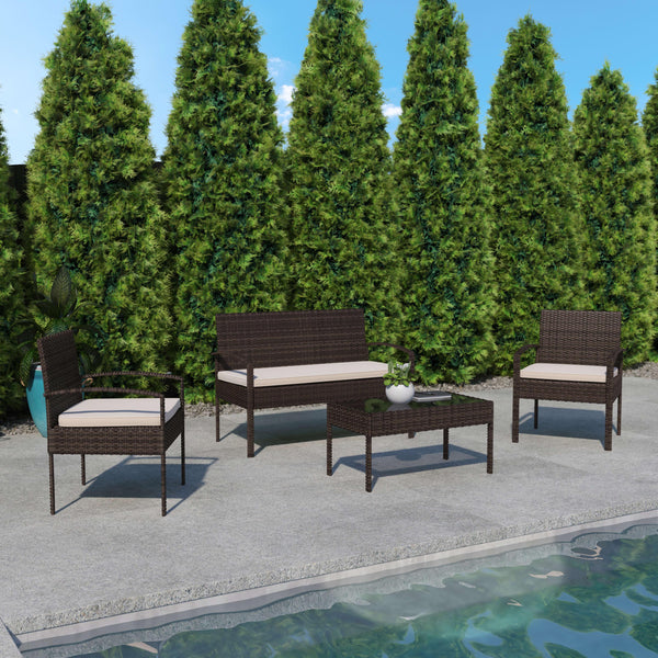 Beige Cushions/Brown Frame |#| 4 Piece Patio Set with Brown Steel Frame and Beige Cushions - Outdoor Seating