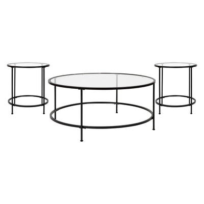 Astoria Collection Coffee and End Table Set - Glass Top with Round Frame - 3 Piece Occasional Table Set