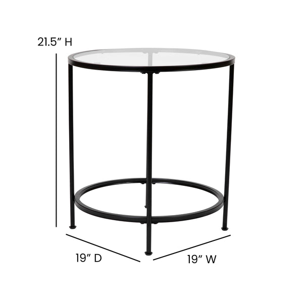 Clear Top/Matte Black Frame |#| Clear Glass Living Room End Table with Round Matte Black Metal Frame