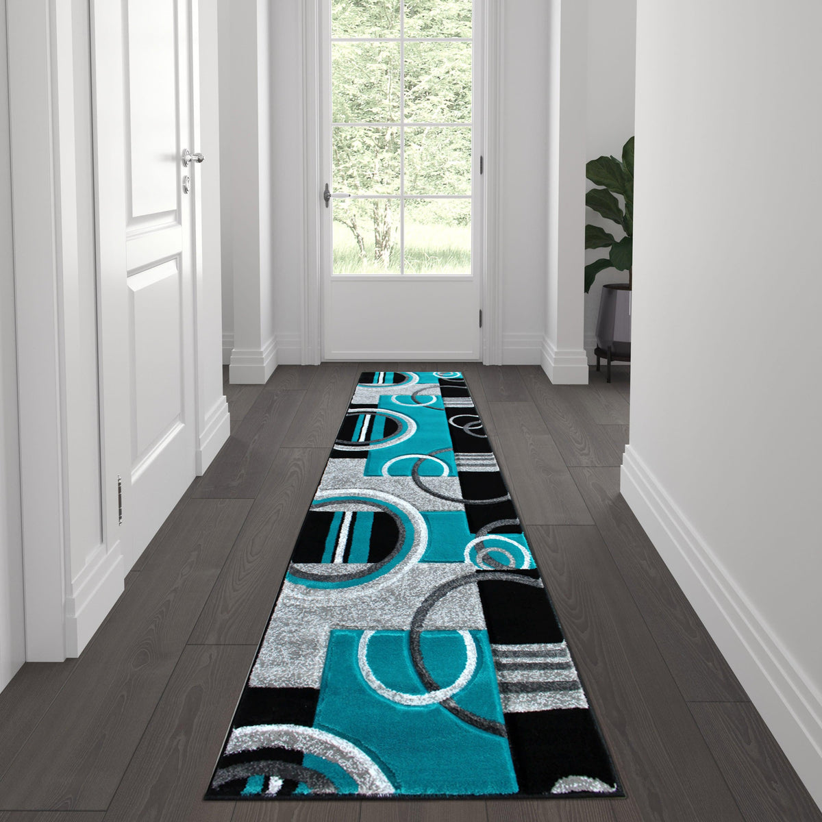 Turquoise,2' x 7' |#| Modern Geometric Design Abstract Area Rug - Turquoise, Black, & Gray - 2 x 7