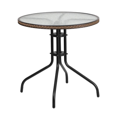 Barker 28'' Round Tempered Glass Metal Table with Rattan Edging