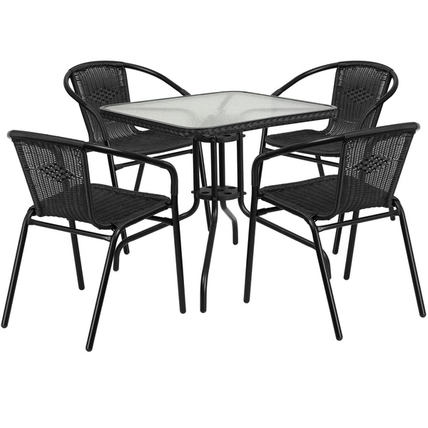 Clear/Black |#| 28inch SQ Glass Metal Table w/ Black Rattan Edging & 4 Black Rattan Stack Chairs