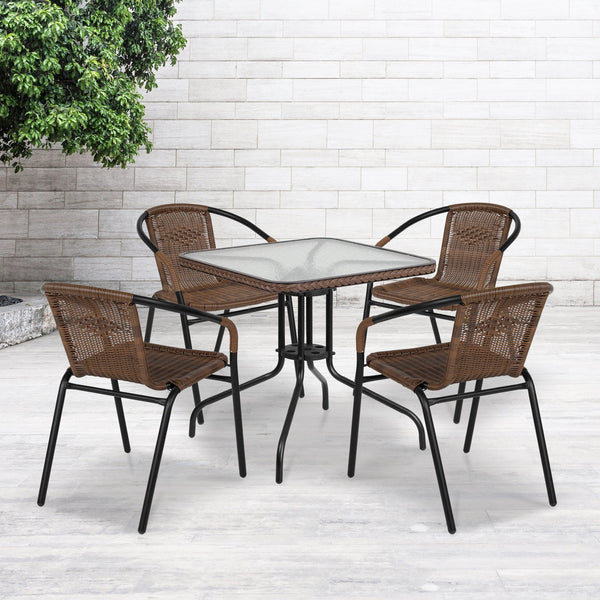 Clear/Dark Brown |#| 28inch SQ Glass Metal Table with Dk Brown Rattan Edging & 4 Dk Brown Rattan Chairs