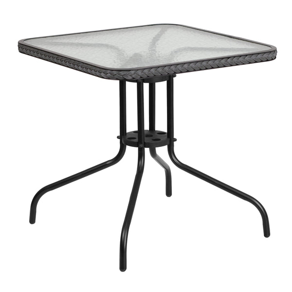 Clear/Gray |#| 28inch SQ Glass Metal Table with Gray Rattan Edging and 4 Gray Rattan Stack Chairs