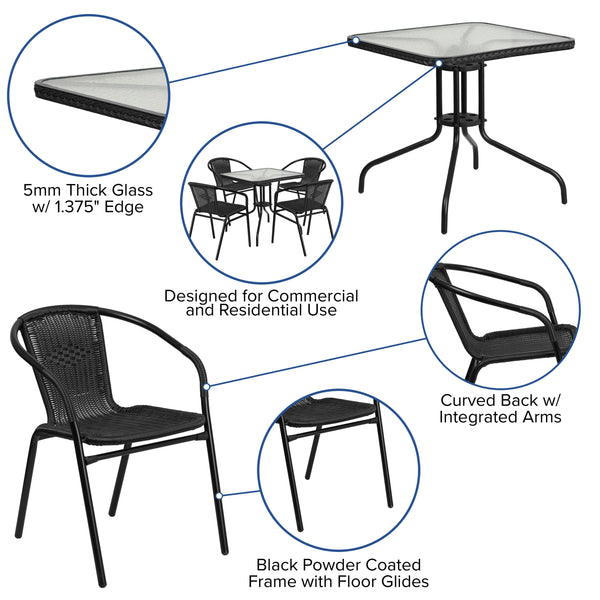 Clear/Black |#| 28inch SQ Glass Metal Table w/ Black Rattan Edging & 4 Black Rattan Stack Chairs