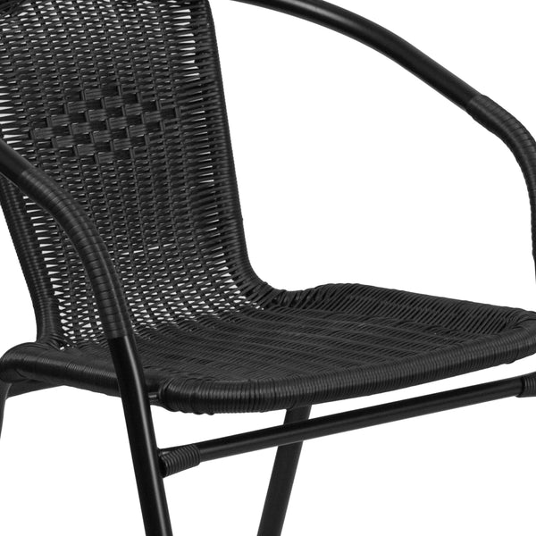 Clear/Black |#| 28inch SQ Glass Metal Table w/ Black Rattan Edging & 4 Black Rattan Stack Chairs